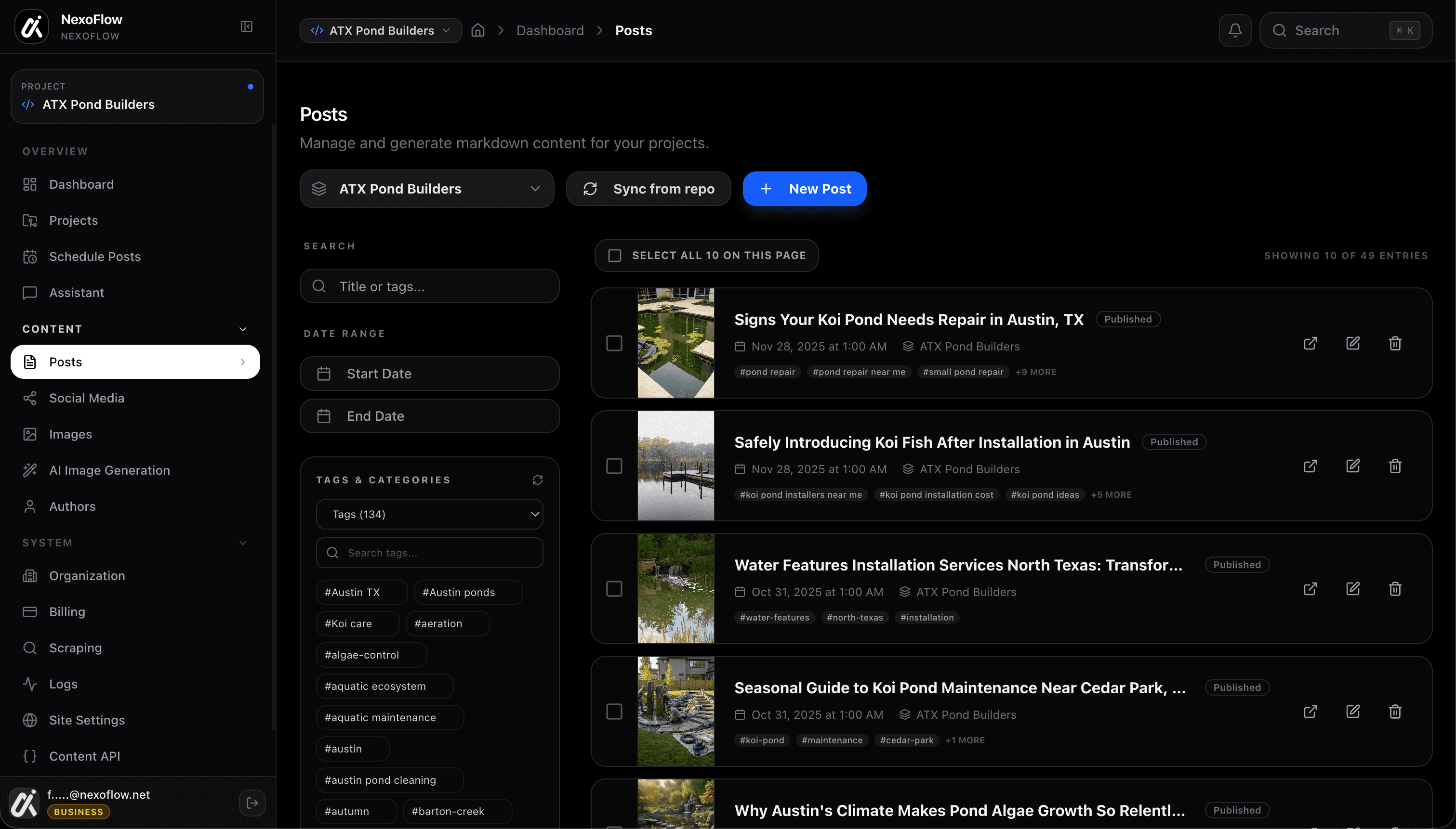 Editor and content list in NexoFlow
